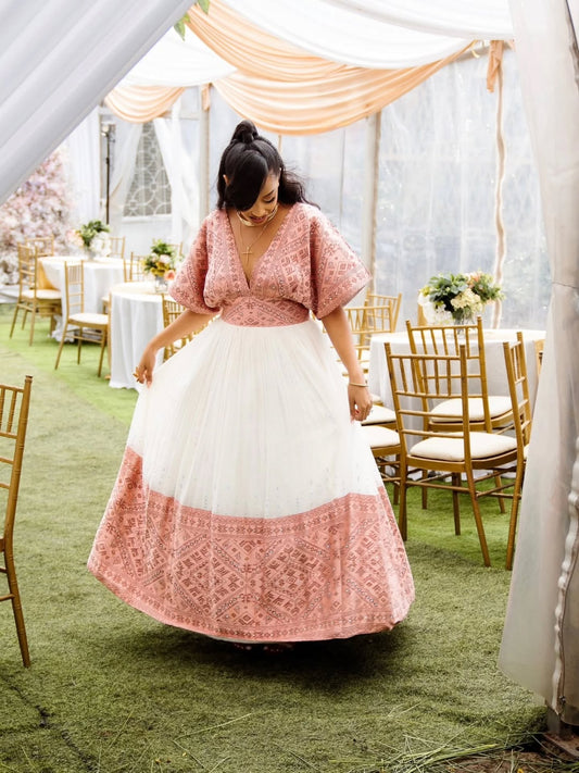 PINK EMBROIDERY HABESHA WEDDING DRESS - TRADITIONAL ETHIOPIAN BRIDAL ATTIRE