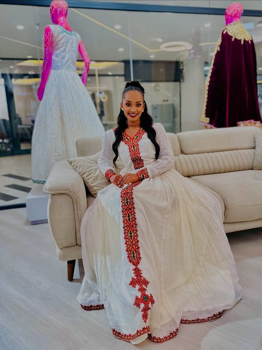 HABESHA CLOTH ETHIOPIAN DRESS – RED TRADITIONAL STYLE | ERITREAN CLOTHING INSPIRATION