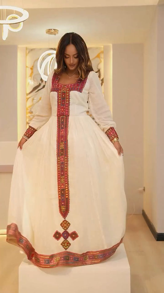 ELEGANT RED LONG SLEEVE HABESHA KEMIS – TRADITIONAL ETHIOPIAN DRESS FOR WOMEN