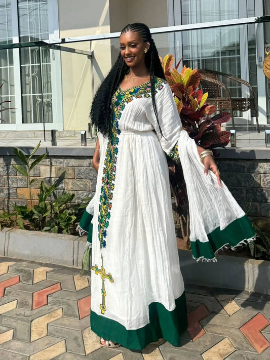 MULTICOLOR EMBROIDERY HABESHA KEMIS WITH CROSS | ETHIOPIAN DRESS | HABESHA TRADITIONAL WEAR