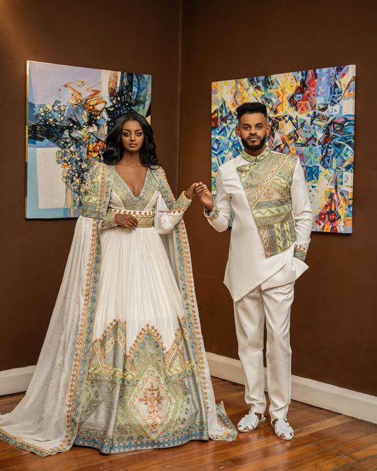 MATCHING HABESHA DRESS AND SUIT | ETHIOPIAN COUPLE ATTIRE | MODERN TRADITIONAL DESIGN