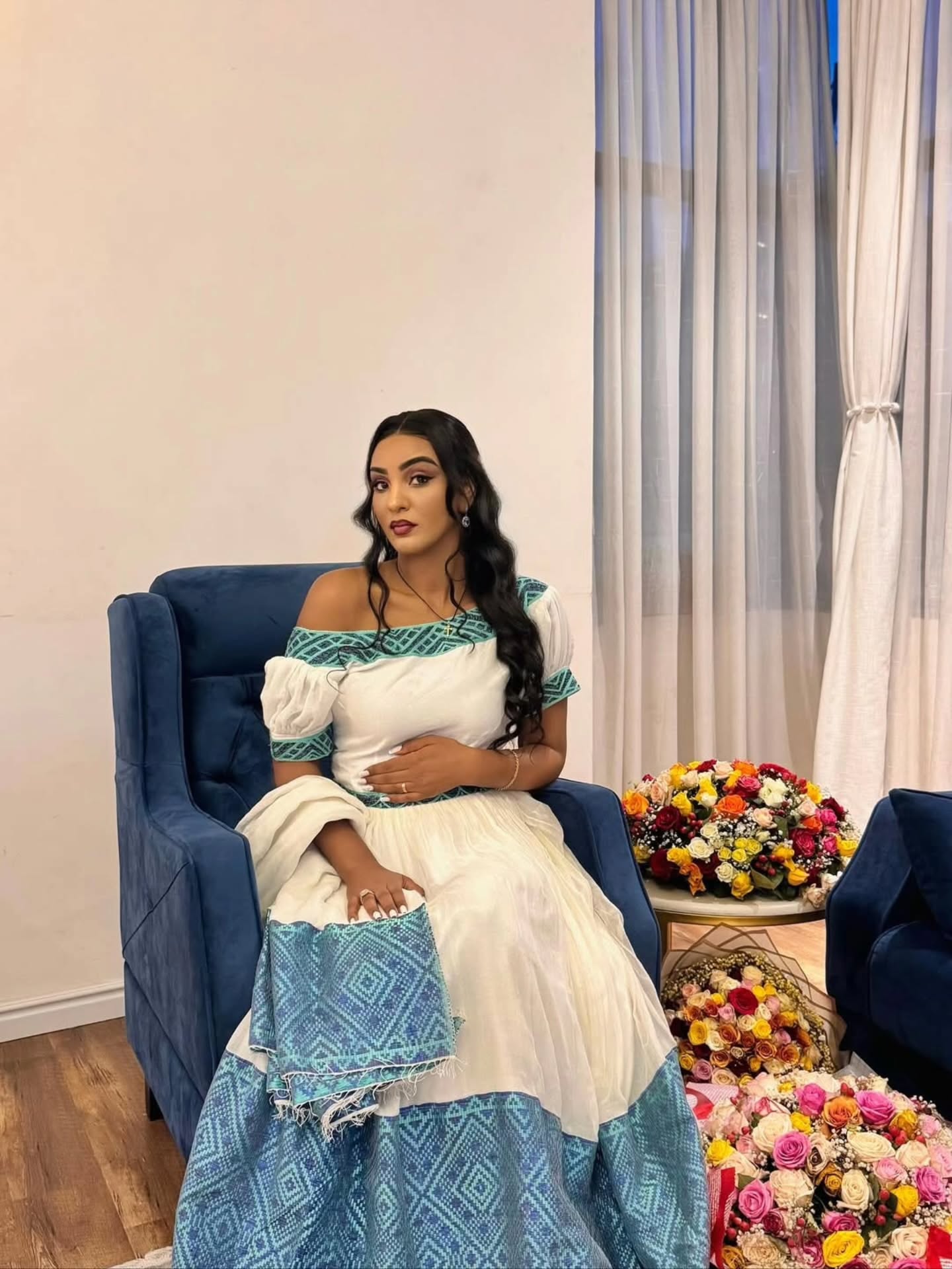 LUCY TIMELESS ETHIOPIAN CLOTHING | BLUE EMBROIDERY HABESHA KEMIS | ELEGANT HABESHA DRESS