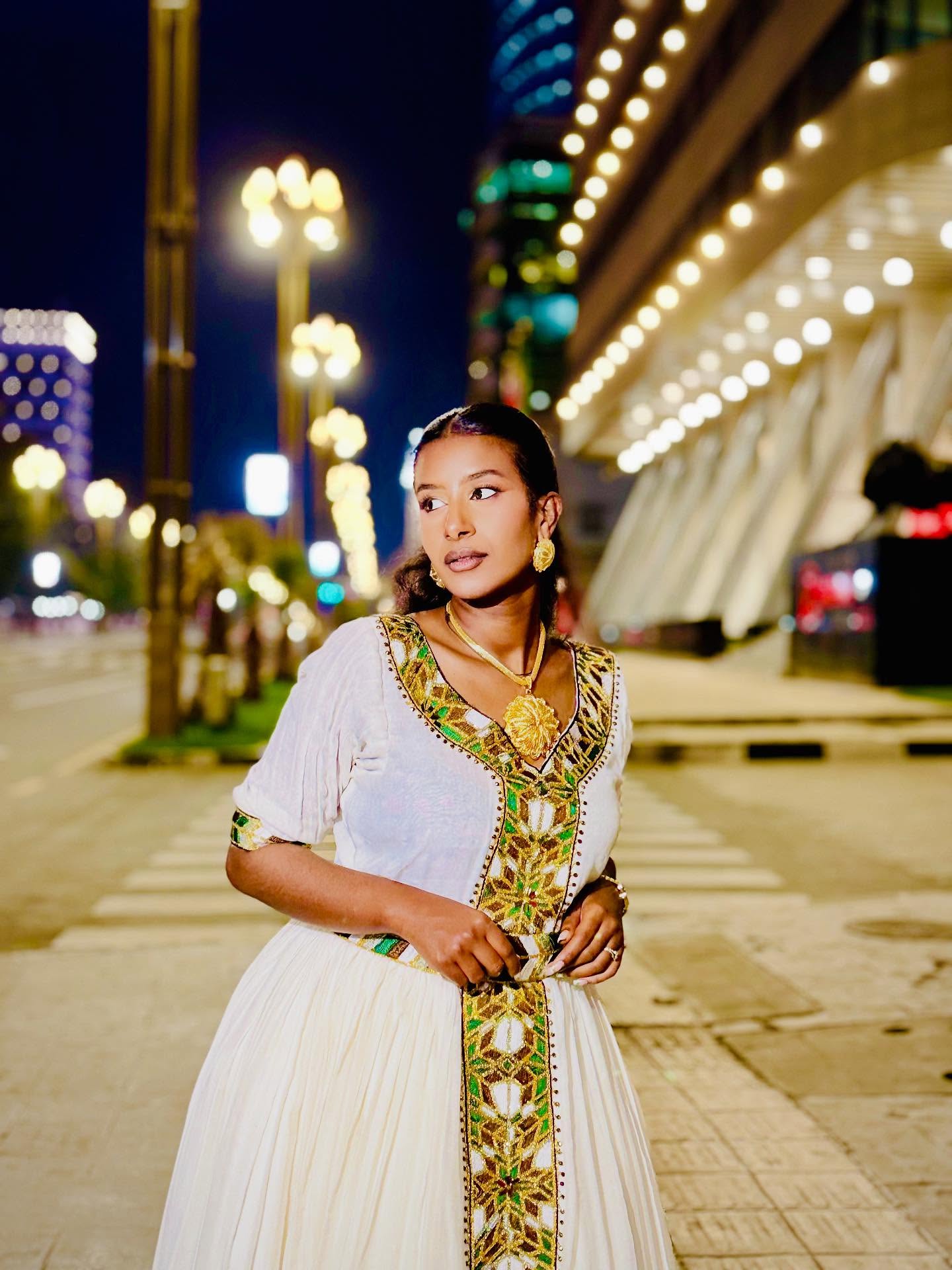 SISAY TRADITIONAL ETHIOPIAN CLOTHING | HABESHA KEMIS WITH SHORT SLEEVE | GREEN AND GOLD EMBROIDERY HABESHA DRESS