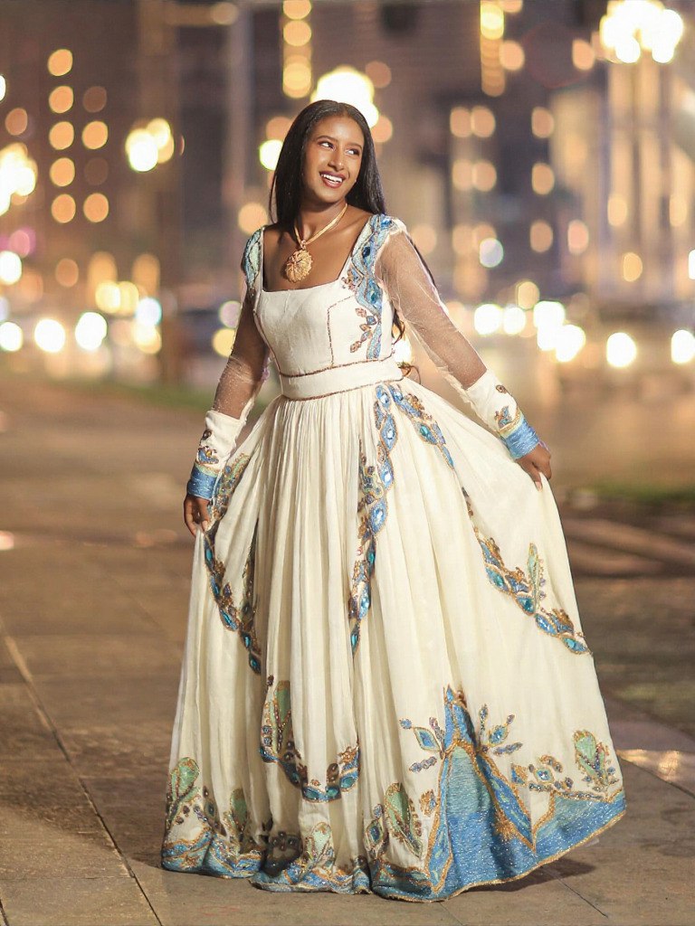 TURQUOISE HABESHA DRESS – ETHIOPIAN TRADITIONAL DRESS FOR WOMEN