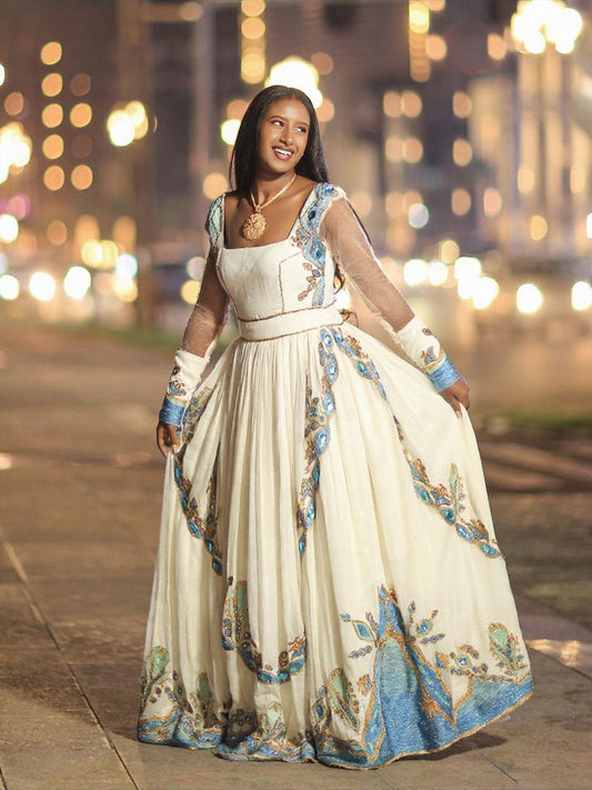 TURQUOISE HABESHA DRESS – ETHIOPIAN TRADITIONAL DRESS FOR WOMEN