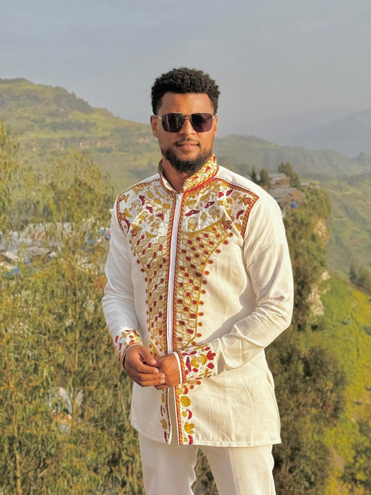 TRADITIONAL RED EMBROIDERY MEN’S HABESHA SHIRT – ETHIOPIAN & ERITREAN CLOTHING