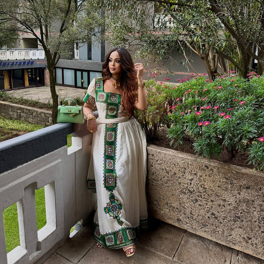 ELEGANT GREEN EMBROIDERED ETHIOPIAN TRADITIONAL DRESS – HABESHA KEMIS ONLINE