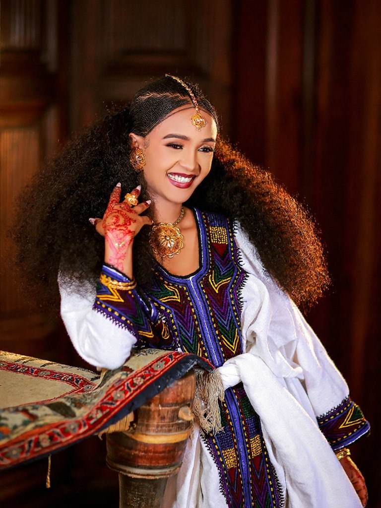 BETAYAL PURPLE, GOLD, AND BLUE EMBROIDERY HABESHA KEMIS | CULTURAL HABESHA DRESS | TRADITIONAL ETHIOPIAN DRESS