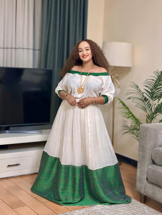 TRADITIONAL ETHIOPIAN CLOTHING – HABESHA KEMIS AND HABESHA DRESS WITH GREEN EMBROIDERY