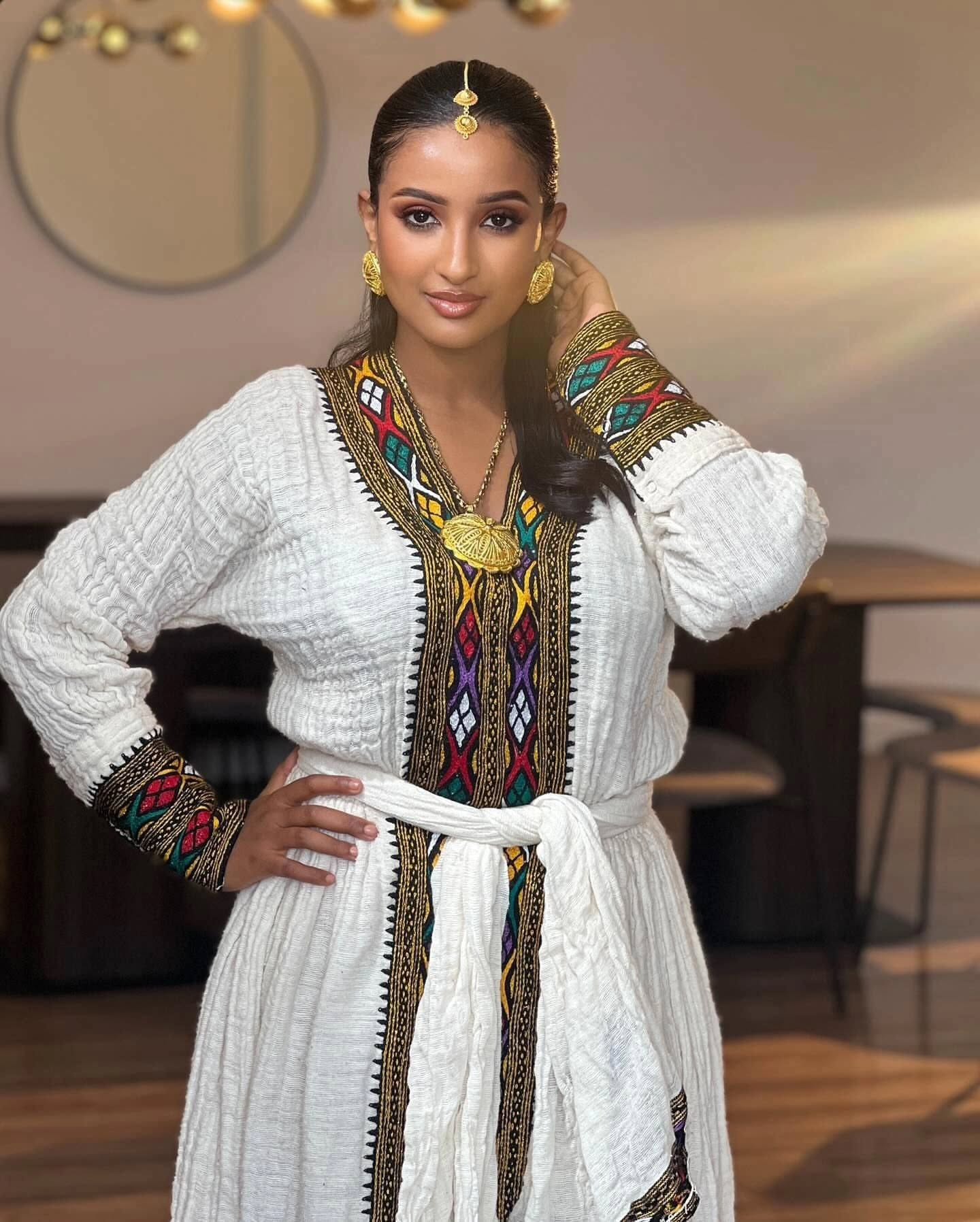 TRINGO LONG SLEEVE HABESHA KEMIS | ETHIOPIAN DRESS WITH MULTICOLOR EMBROIDERY | HABESHA DRESS FOR EVENT