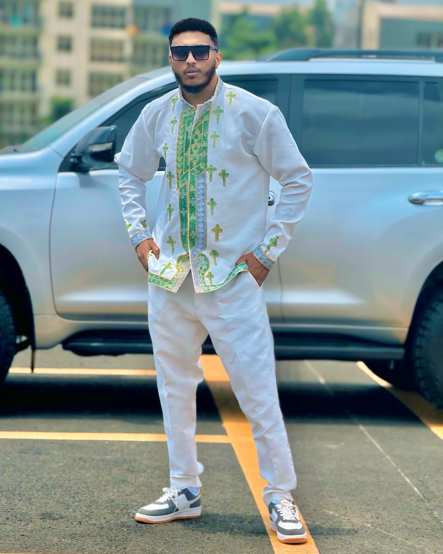 GREEN EMBROIDERY ETHIOPIAN MEN’S SUIT | HABESHA TRADITIONAL OUTFIT FOR MEN