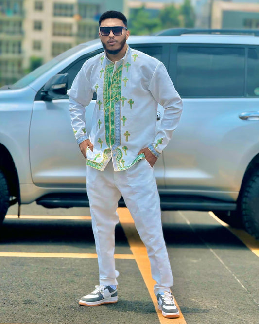 GREEN EMBROIDERY ETHIOPIAN MEN’S SUIT | HABESHA TRADITIONAL OUTFIT FOR MEN