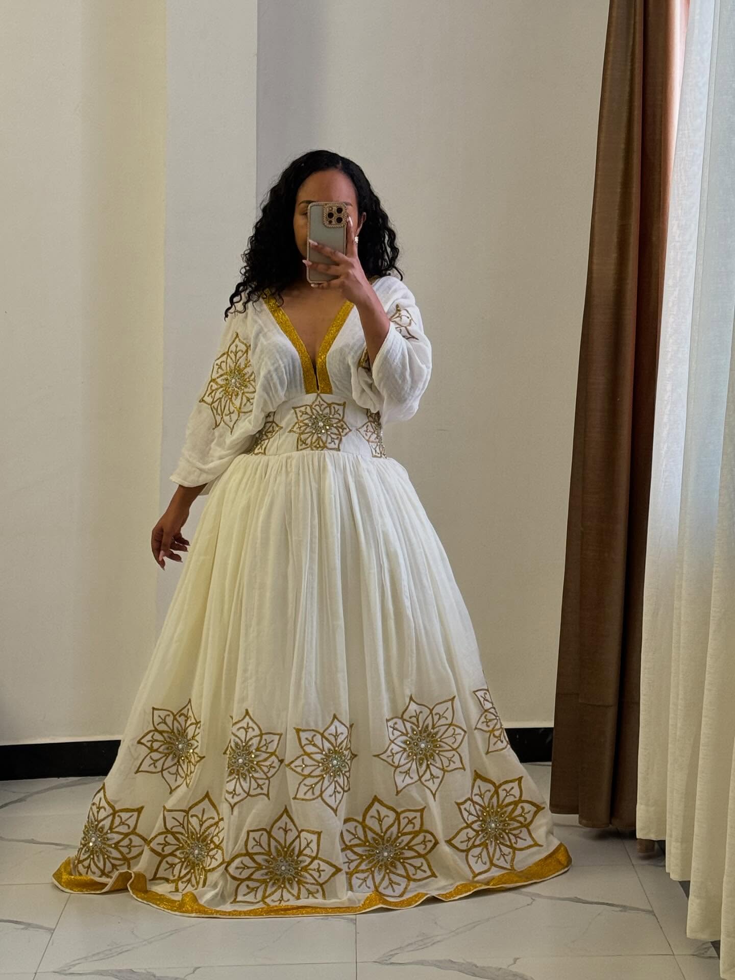 NITSUH HABESHA KEMIS | ETHIOPIAN TRADITIONAL DRESS | GOLDEN PATTERN HABESHA DRESS
