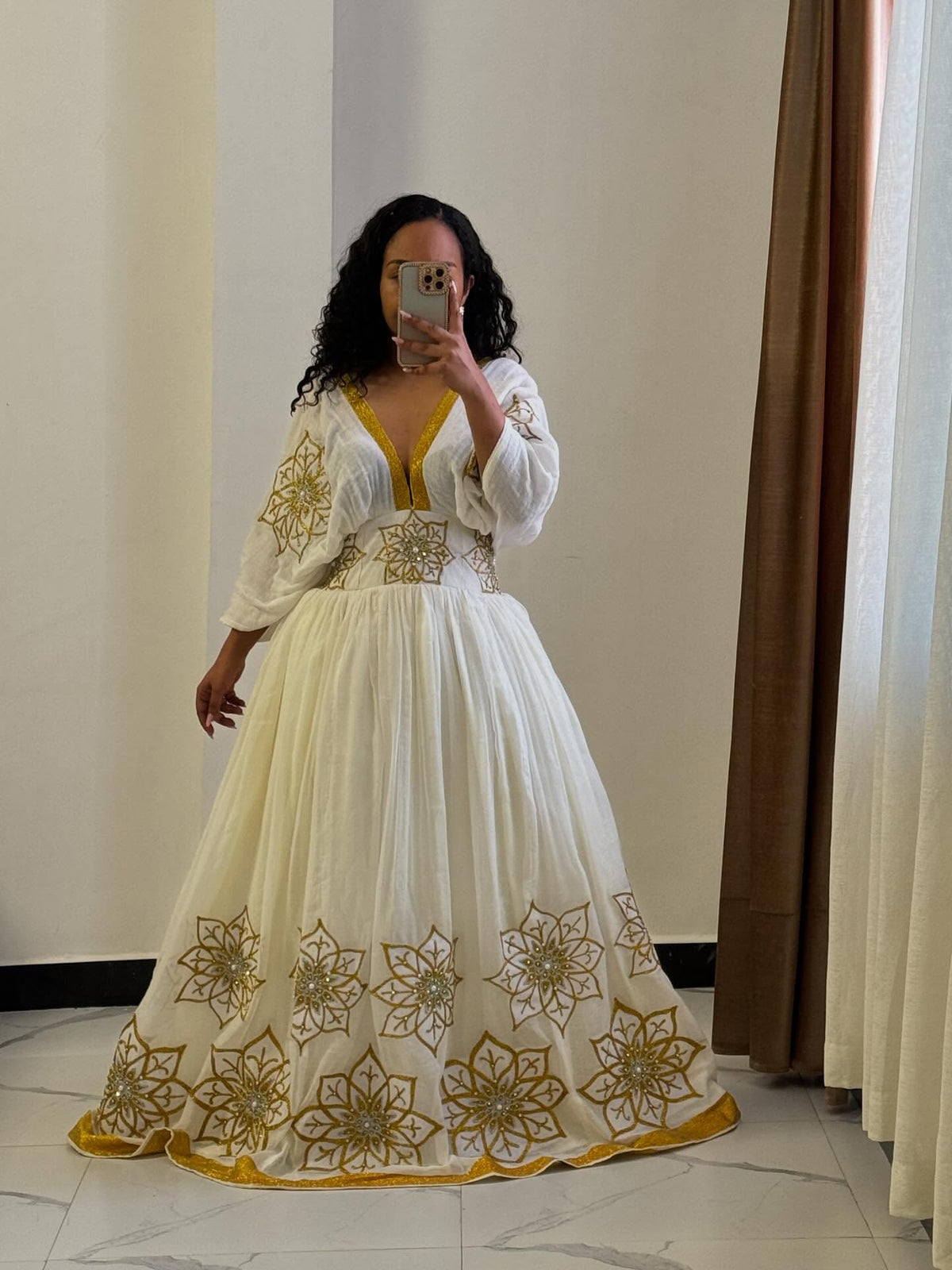 NITSUH HABESHA KEMIS | ETHIOPIAN TRADITIONAL DRESS | GOLDEN PATTERN HABESHA DRESS