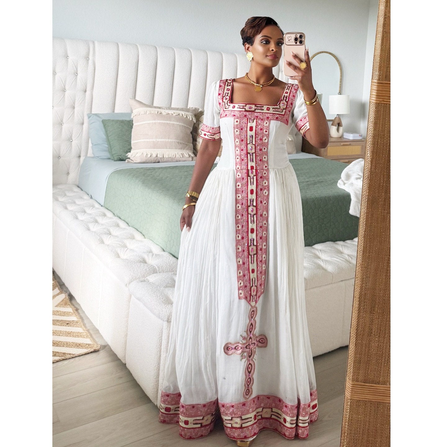 WINTANA TRADITIONAL ETHIOPIAN DRESS | SHORT SLEEVE HABESHA DRESS | PINK EMBROIDERY HABESHA KEMIS
