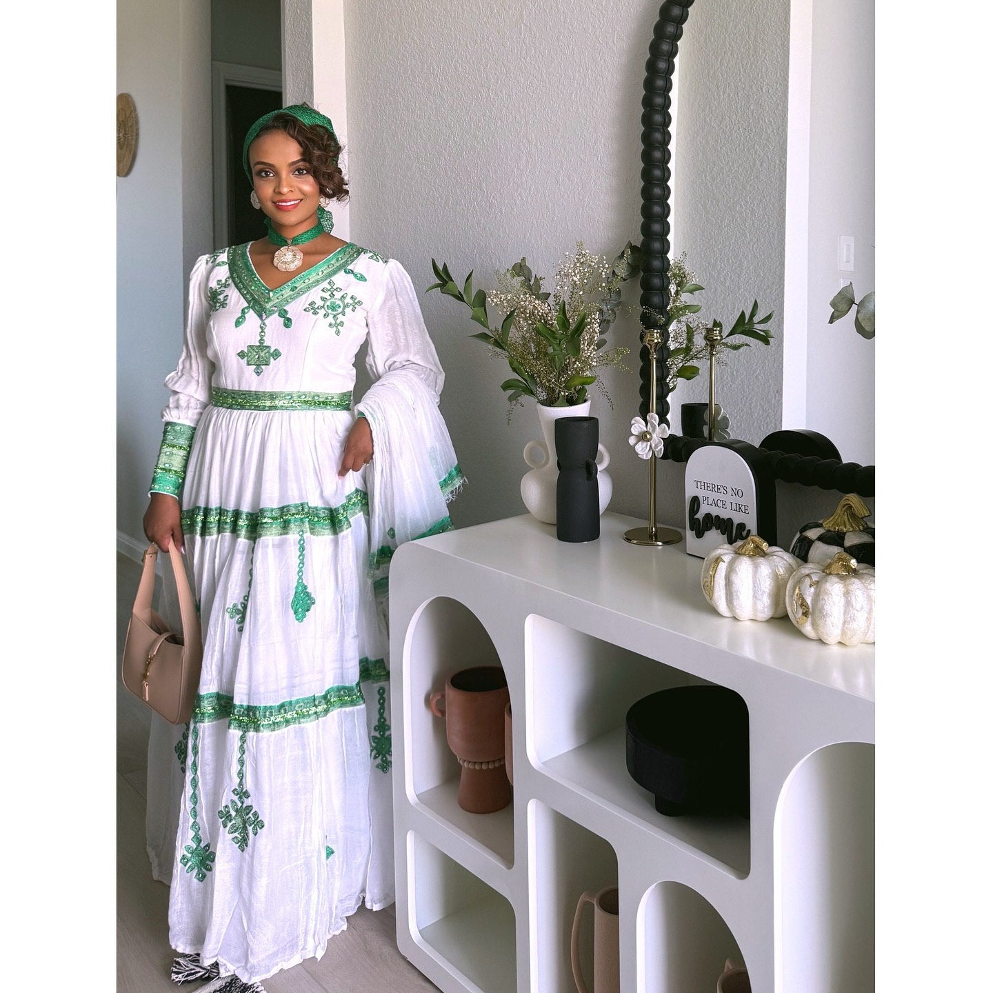 YEMSRACH GREEN EMBROIDERY TRADITIONAL ETHIOPIAN DRESS | CROSS PATTERN HABESHA KEMIS | STYLISH HABESHA DRESS