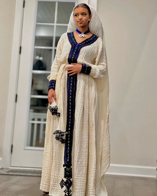 MULTICOLORED ETHIOPIAN DRESS, V-NECKLINE HABESHA DRESS AND ETHIOPIAN TRADITIONAL DRESS