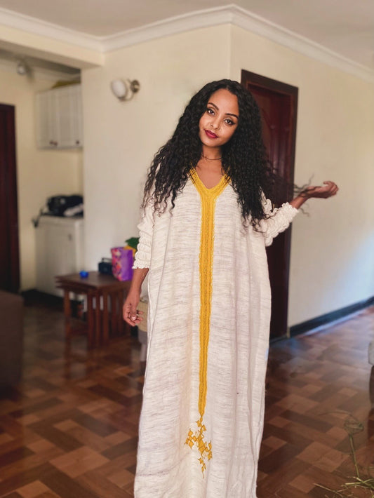 TRADITIONAL ETHIOPIAN DRESS – YELLOW EMBROIDERY HABESHA DRESS & ETHIOPIAN CLOTHING