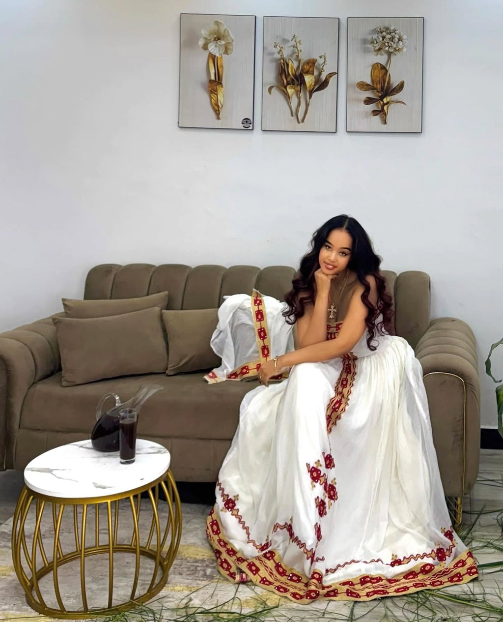 YEZINA STRAPLESS HABESHA KEMIS | MODERN ETHIOPIAN CLOTHING | RED EMBROIDERED HABESHA DRESS