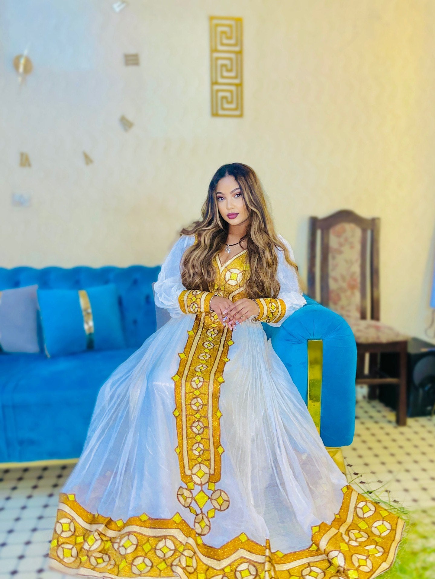 GOLDEN EMBROIDERY LONG SLEEVE HABESHA KEMIS | ETHIOPIAN TRADITIONAL DRESS & HABESHA DRESS
