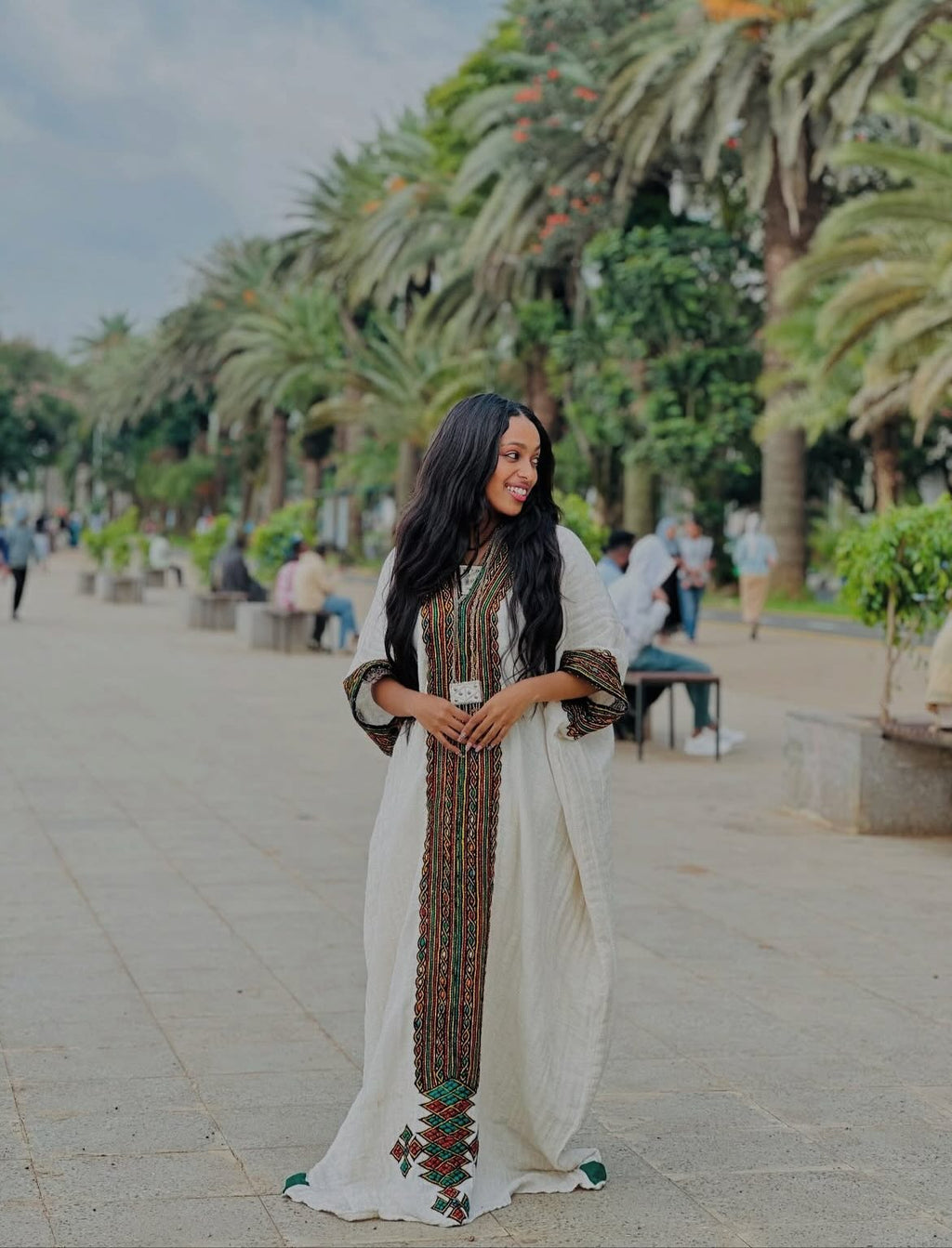 TINBIT HANDWOVEN WHITE HABESHA DRESS COLORFUL DETAIL HABESHA KEMIS | TRADITIONAL ETHIOPIAN CLOTHING & ERITREAN DRESS