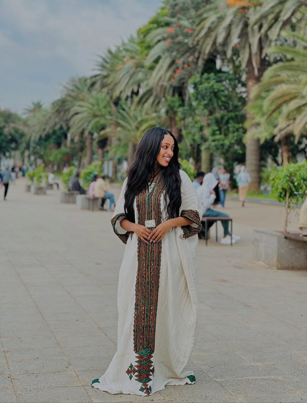 TINBIT HANDWOVEN WHITE HABESHA DRESS COLORFUL DETAIL HABESHA KEMIS | TRADITIONAL ETHIOPIAN CLOTHING & ERITREAN DRESS
