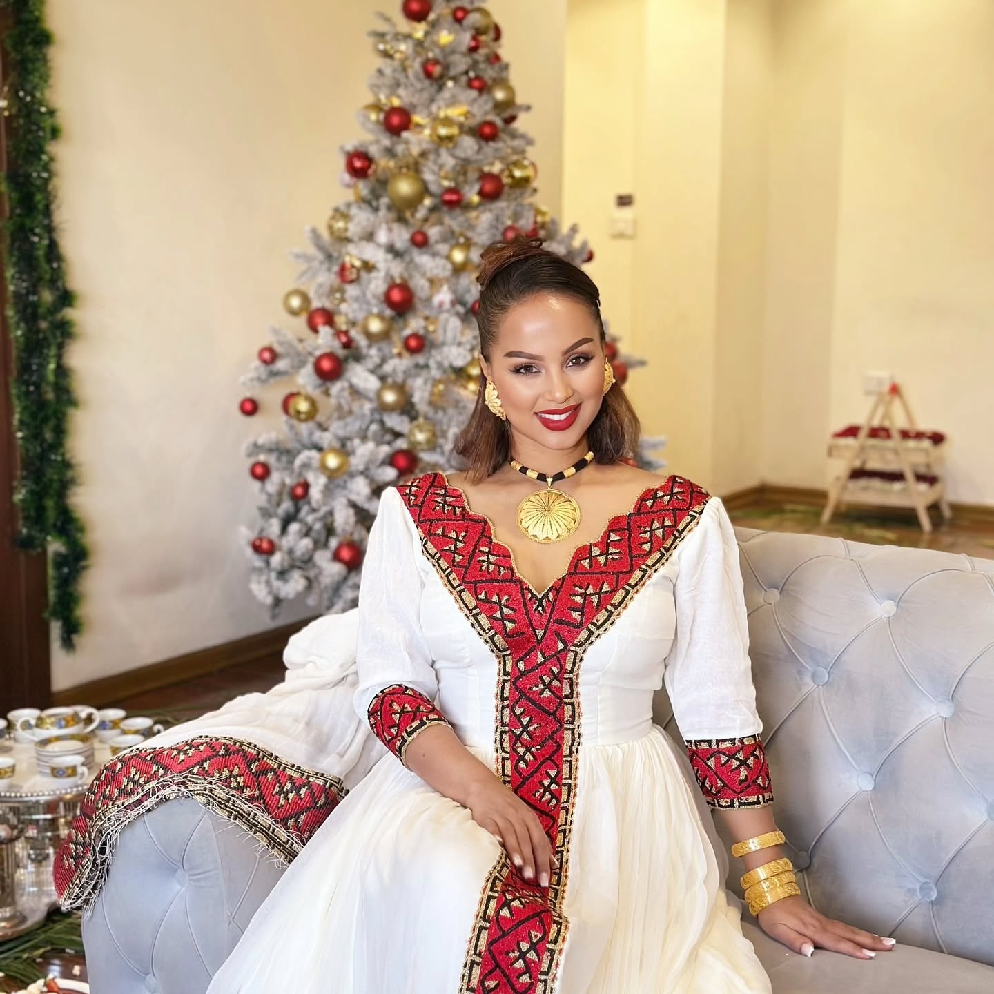 HEWAN RED EMBROIDERY HABESHA KEMIS | ELEGANT ETHIOPIAN TRADITIONAL DRESS | HABESHA DRESS BEAUTY