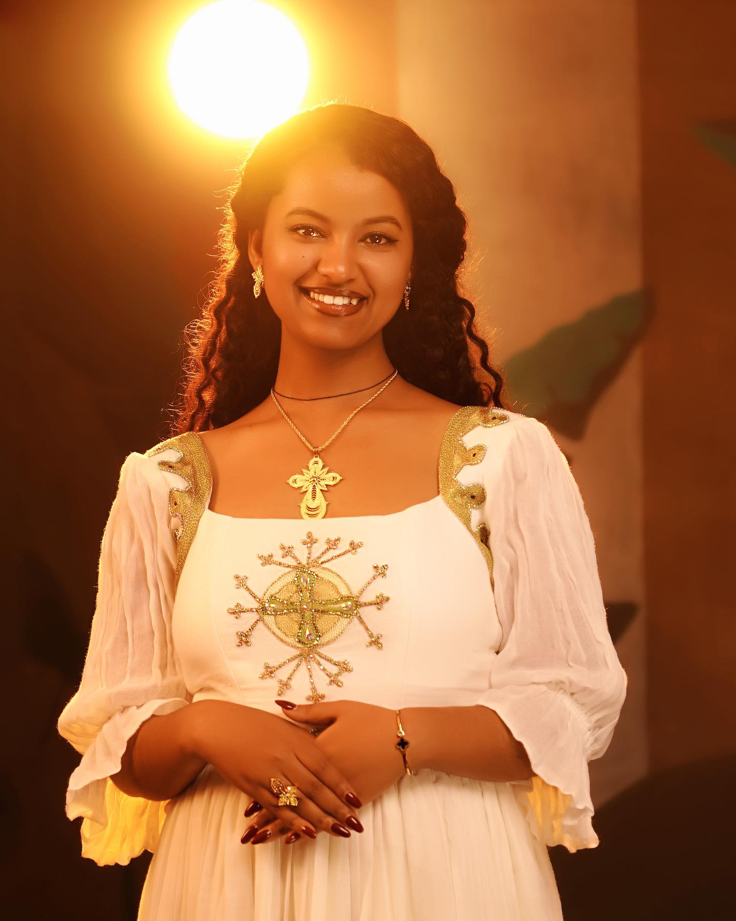 LOMI ETHIOPIAN TRADITIONAL DRESS | AUTHENTIC HABESHA KEMIS | WHITE WITH GOLD DESIGN HABESHA DRESS