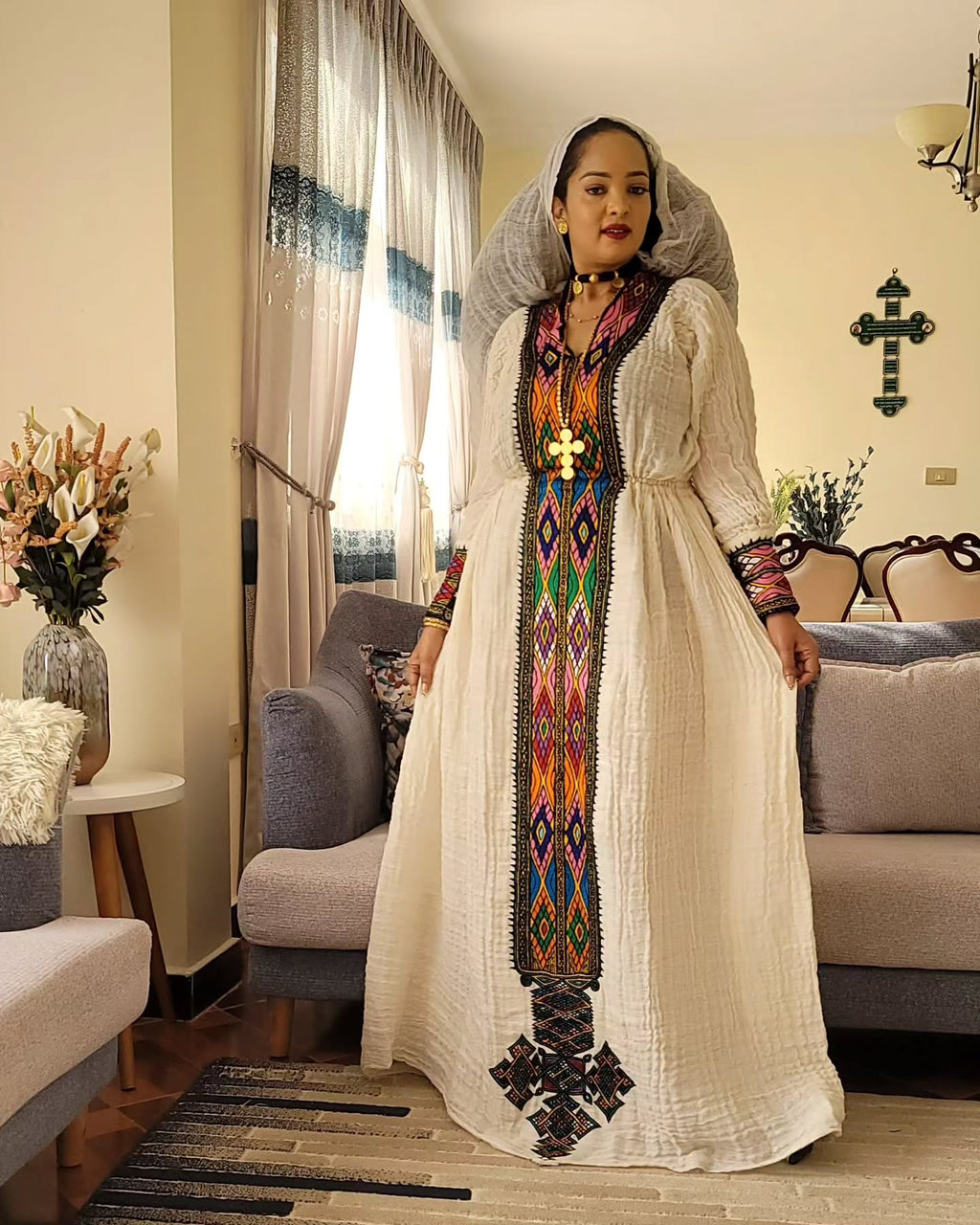 AMEL VIBRANT ETHIOPIAN DRESS | MULTICOLOR EMBROIDERY HABESHA KEMIS | HANDWOVEN HABESHA DRESS