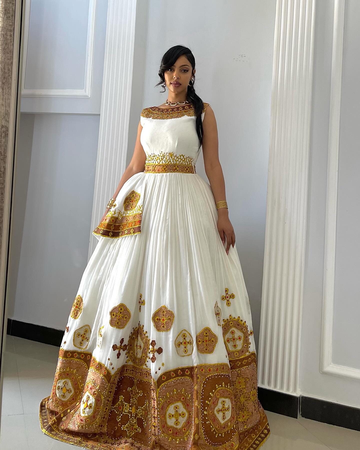 HAMRAWIT HABESHA KEMIS | TRADITIONAL ETHIOPIAN DRESS FOR WEDDINGS | GOLDEN EMBROIDERY HABESHA DRESS