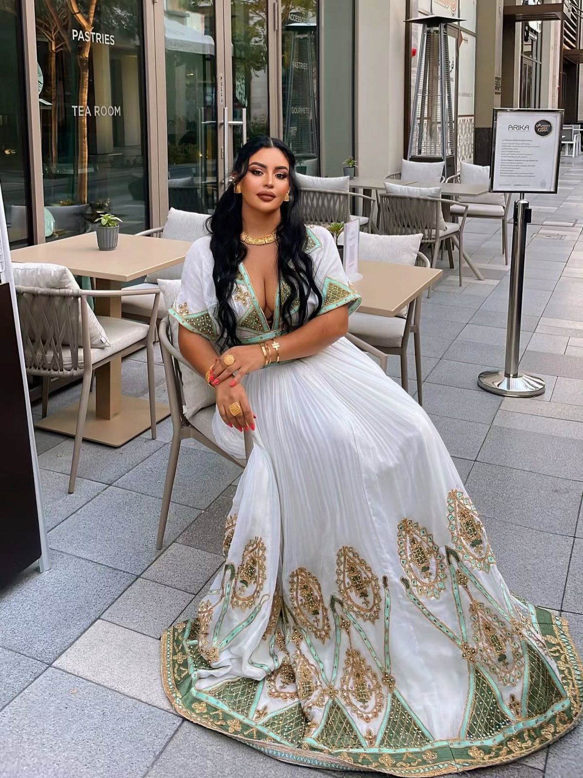 ALEMNESH LUXURIOUS TRADITIONAL ETHIOPIAN CLOTHING | GOLDEN AND GREEN EMBROIDERY HABESHA KEMIS | GRACEFUL HABESHA DRESS