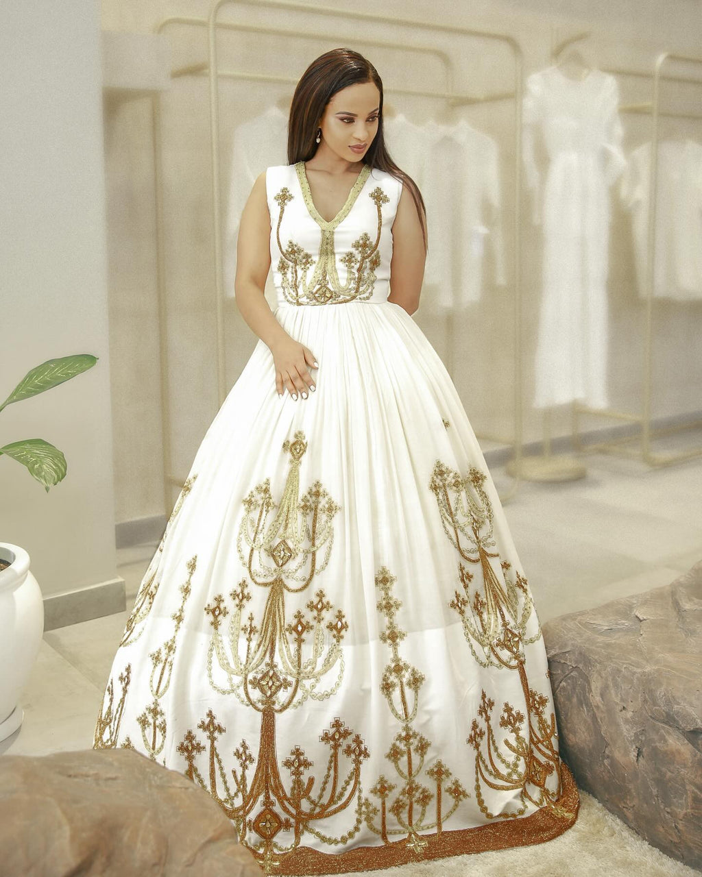ENUKA ROYAL ETHIOPIAN WEDDING DRESS | TRADITIONAL HABESHA DRESS | SLEEVELESS HABESHA KEMIS