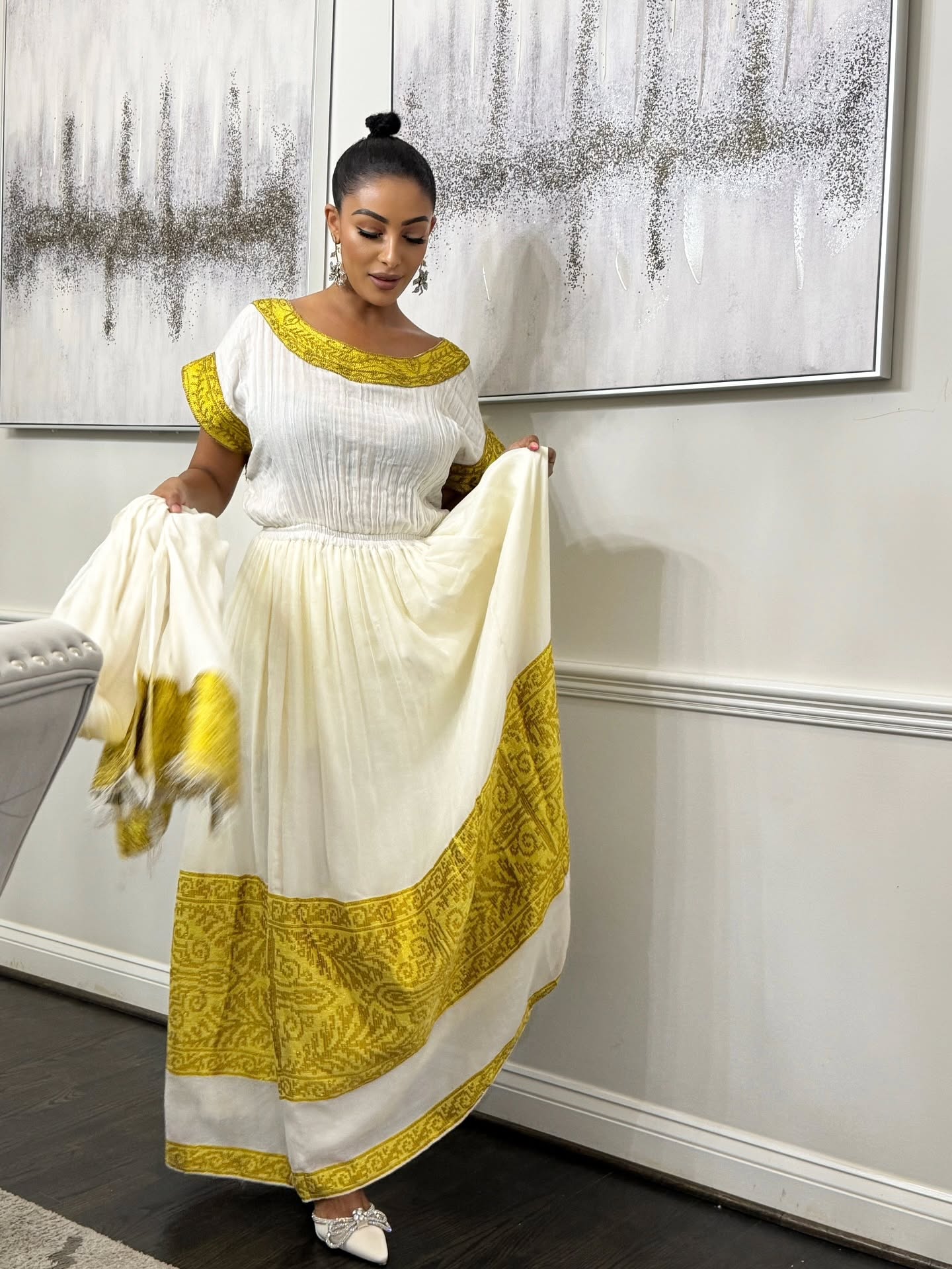 GRACEFUL HABESHA DRESS IN YELLOW BORDERED TRADITIONAL ETHIOPIAN CLOTHING