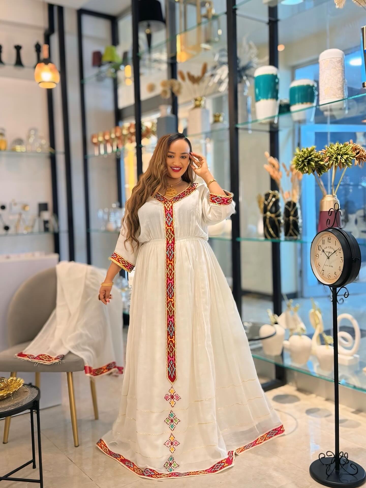 HELLA RADIANT WHITE HABESHA KEMIS | COLORFUL EMBROIDERY HABESHA DRESS | TRADITIONAL ETHIOPIAN DRESS