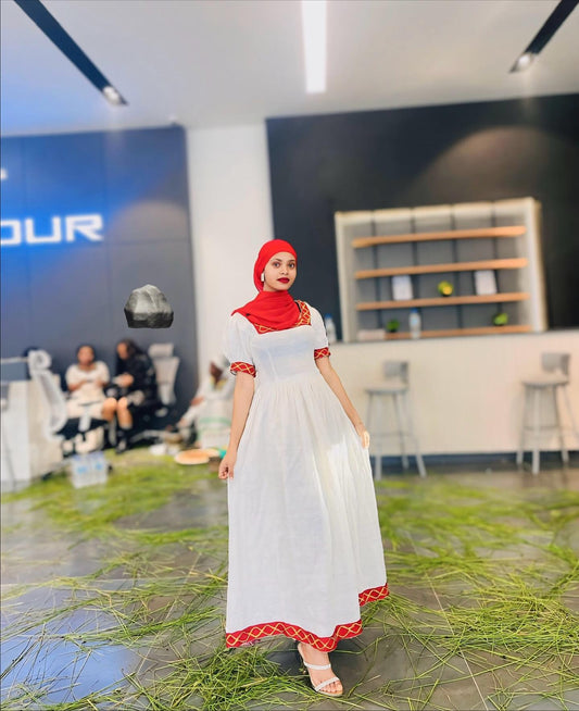 SHOP HABESHA KEMIS ONLINE – ELEGANT RED WOVEN TRADITIONAL ETHIOPIAN DRESS