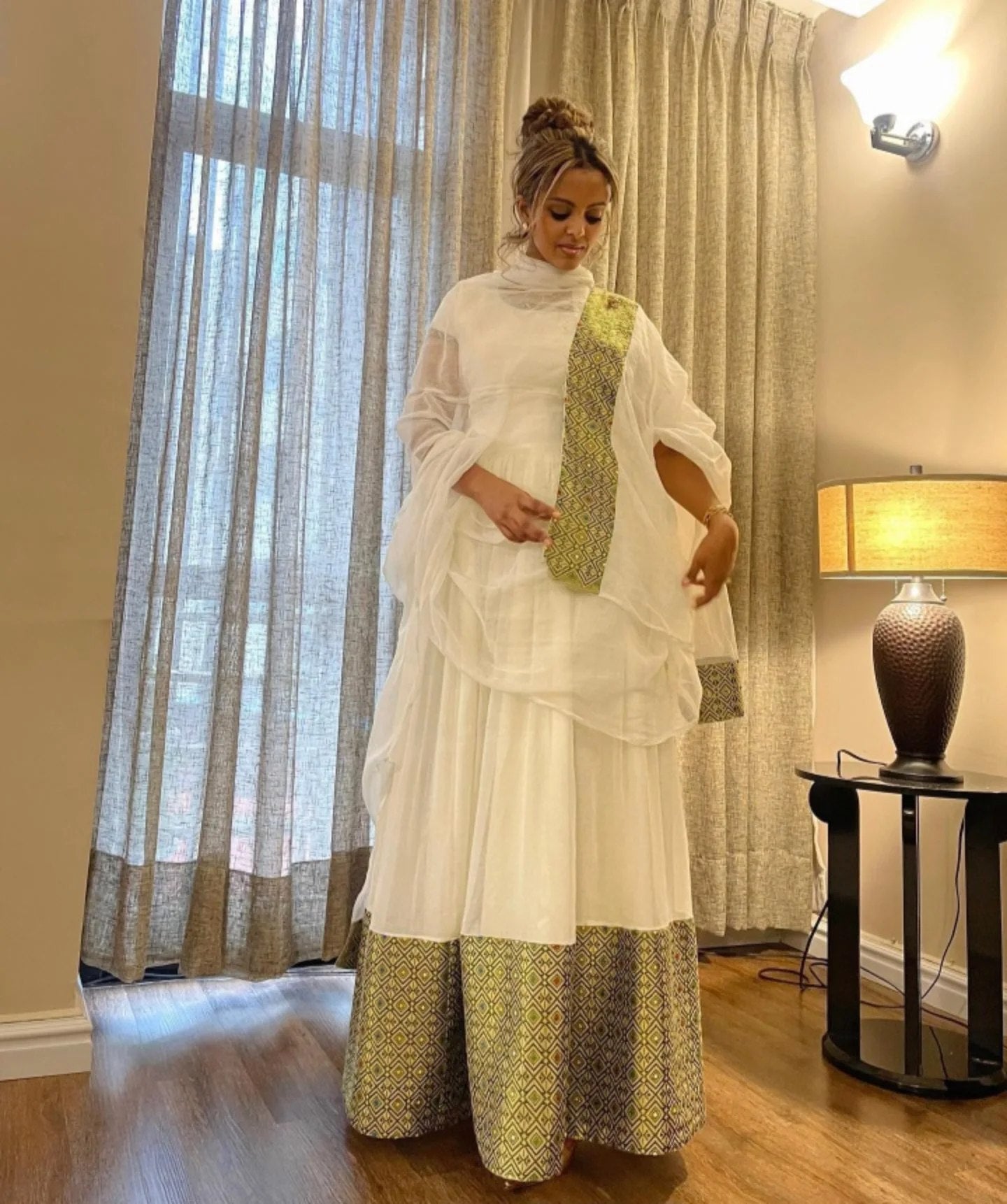 GETENESH ETHIOPIAN TRADITIONAL DRESS COLLECTION | AUTHENTIC HABESHA KEMIS STYLE | GREEN WOVEN HABESHA DRESS