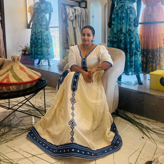 ELEGANT HABESHA KEMIS – TRADITIONAL ETHIOPIAN DRESS WITH BLUE EMBROIDERY