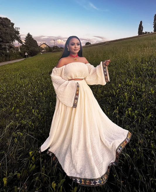EXCLUSIVE OFF SHOULDER ETHIOPIAN DRESS | HANDWOVEN HABESHA STYLE