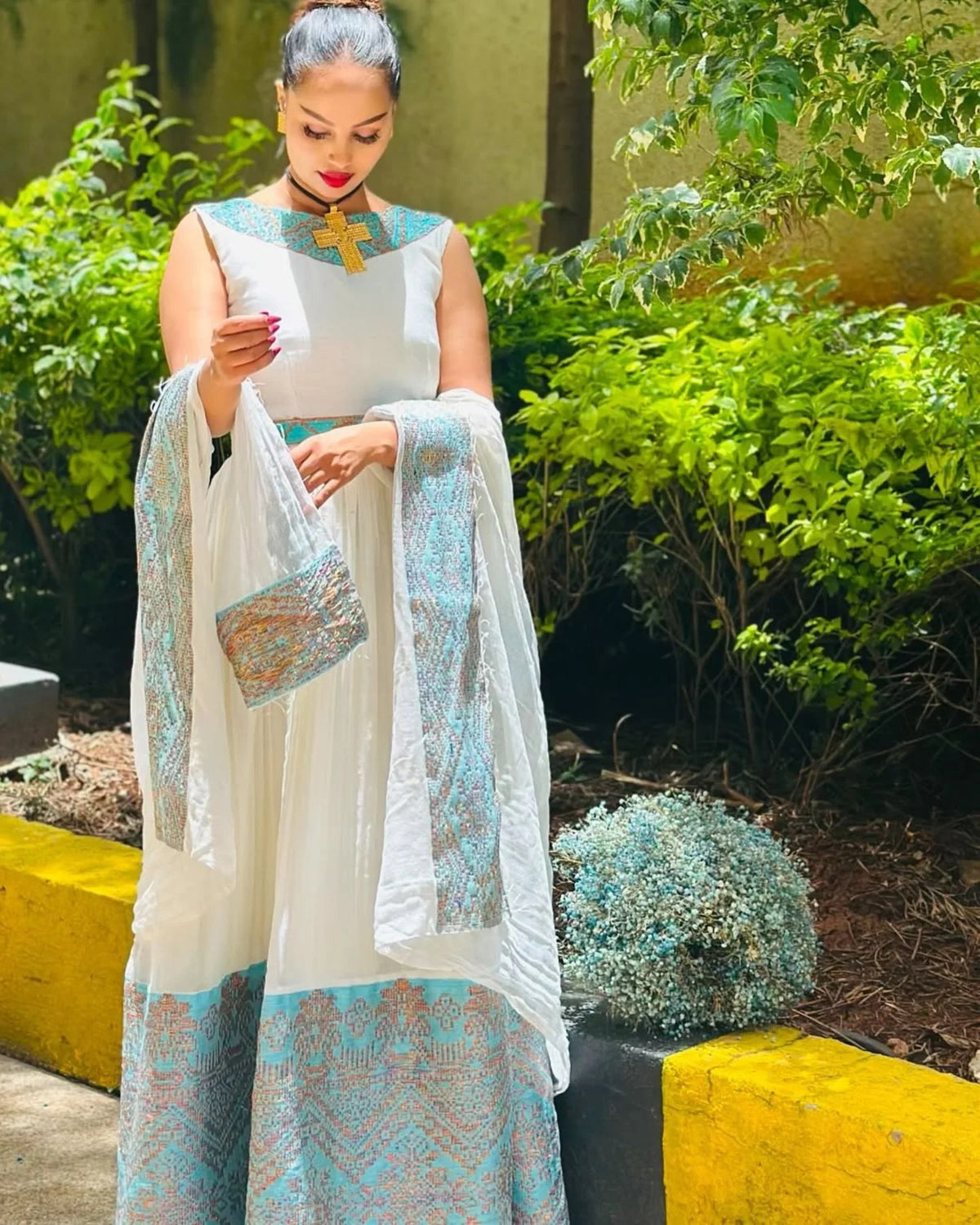 FANA GRACEFUL HANDWOVEN HABESHA KEMIS | TURQUOISE AND GOLD EMBROIDERY HABESHA DRESSS | ETHIOPIAN TRADITIONAL DRESS