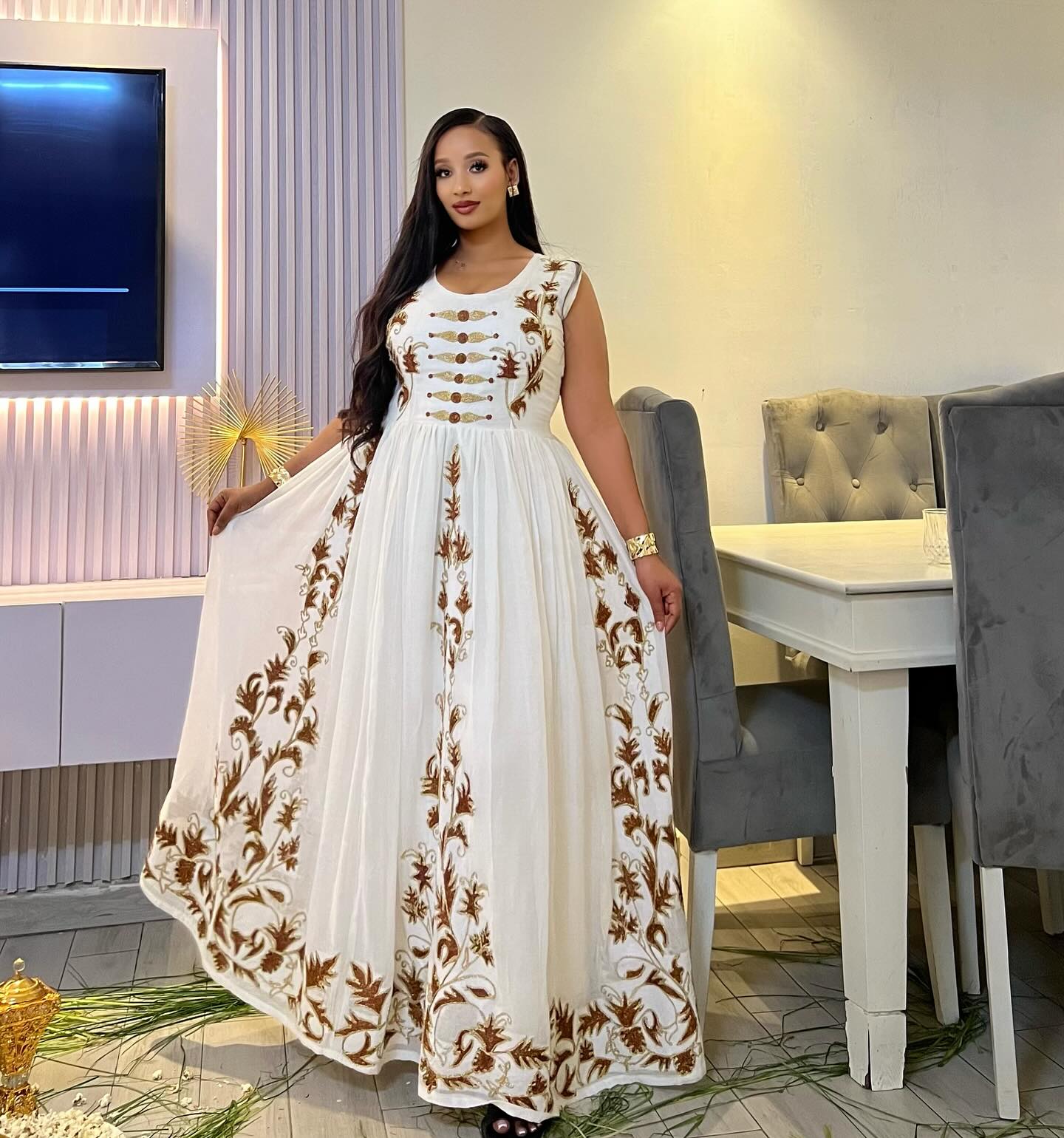 ELEGANT WHITE HABESHA KEMIS WITH BROWN EMBROIDERY - SLEEVELESS ETHIOPIAN DRESS