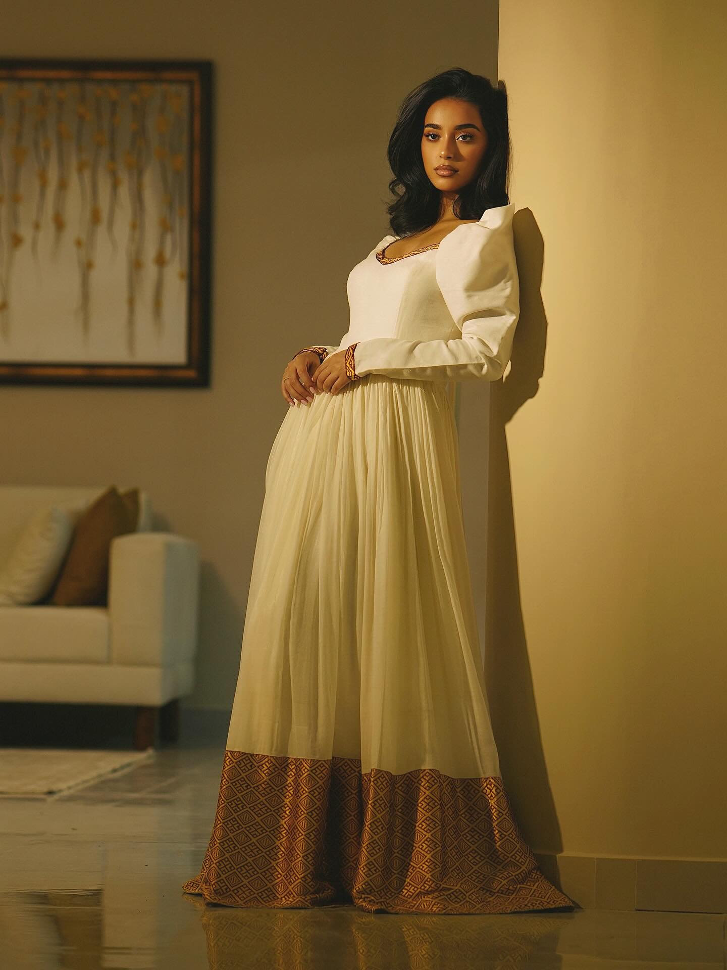 MIRTE ELEGANT ETHIOPIAN TRADITIONAL DRESS | GOLD HEM HABESHA KEMIS | PUFF SLEEVE HABESHA DRESS