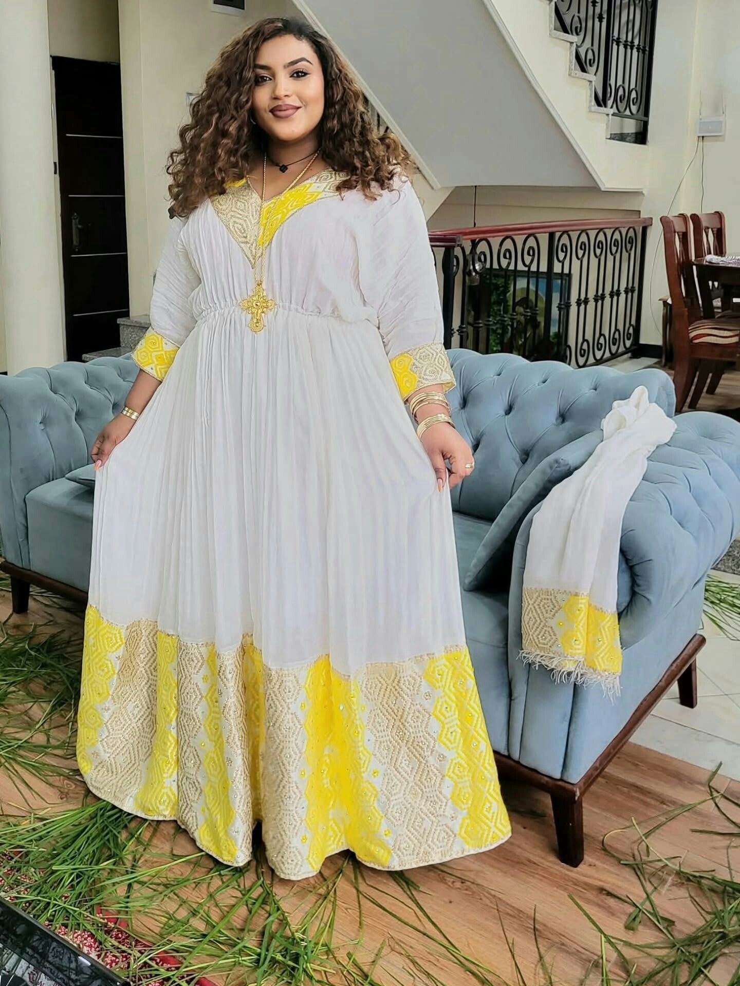 NAFKI SUNNY HABESHA KEMIS | YELLOW & GOLD WOVEN HABESHA DRESS | ETHIOPIAN DRESS