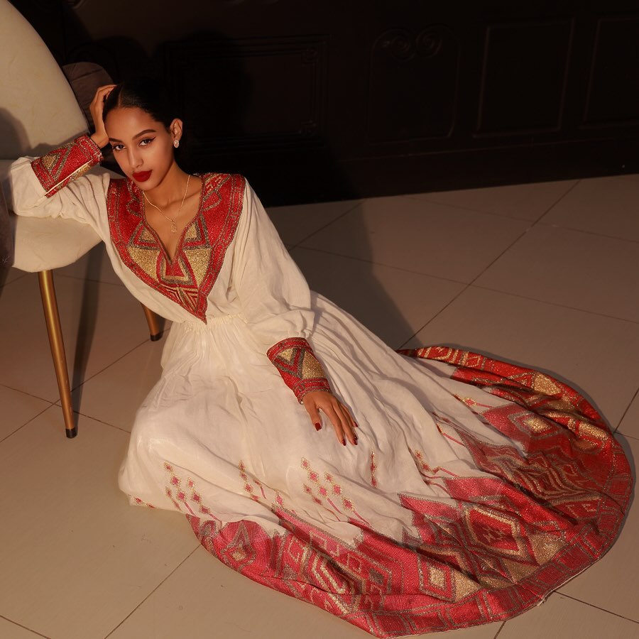 LONG SLEEVE HABESHA KEMIS – RED AND GOLDEN DESIGN ETHIOPIAN TRADITIONAL DRESS