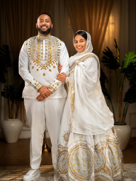 ETHIOPIAN DRESS COUPLE WEAR WITH HABESHA KEMIS AND GOLDEN EMBROIDERY STYLE
