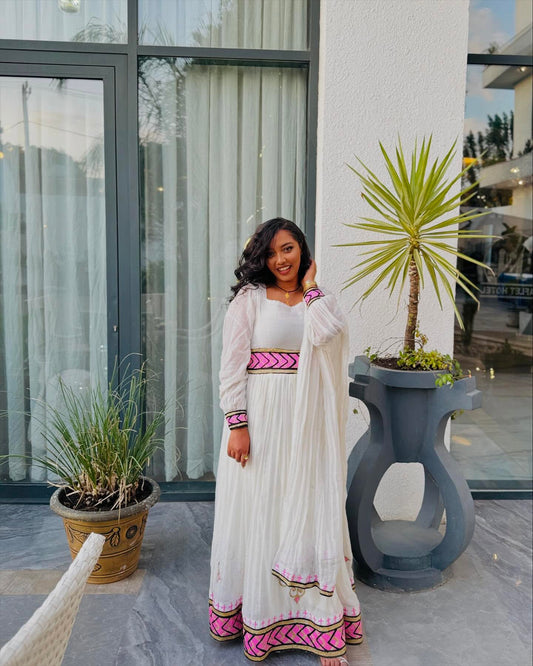 COLORFUL EMBROIDERED HABESHA KEMIS WITH TRADITIONAL ETHIOPIAN DESIGN