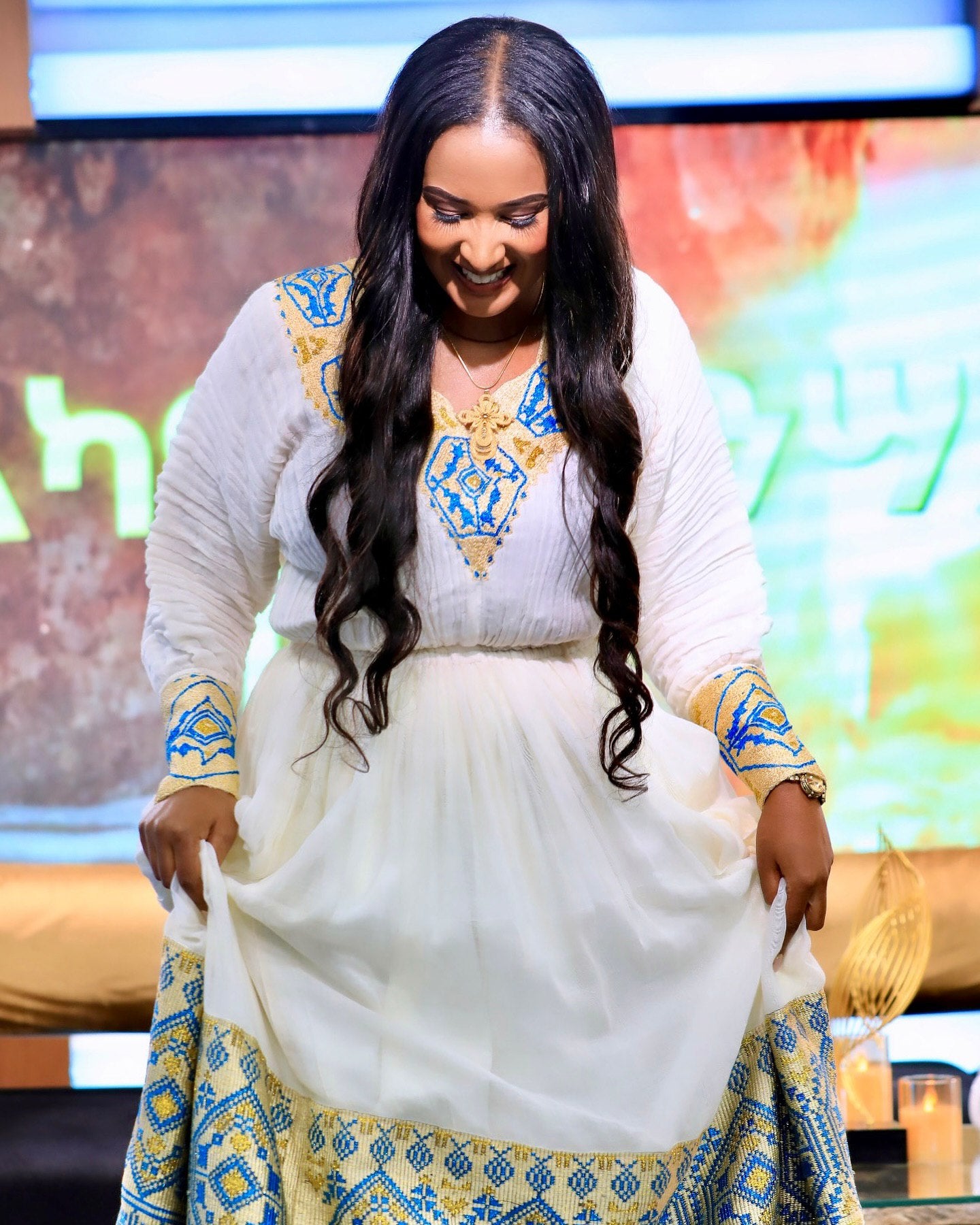 RICH ELEGANT HABESHA KEMIS | BLUE & GOLD HABESHA DRESS | AUTHENTIC ETHIOPIAN CLOTHING