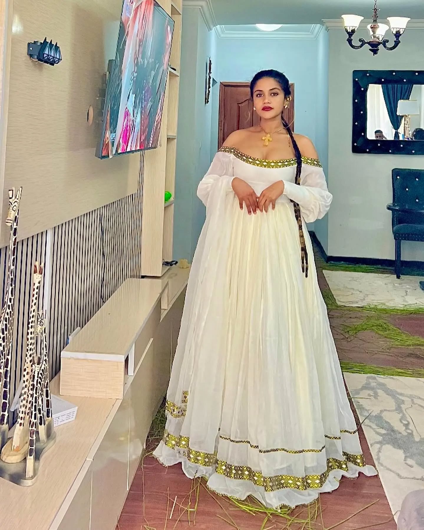 OFF-SHOULDER WHITE HABESHA GOWN WITH GOLD EMBROIDERY