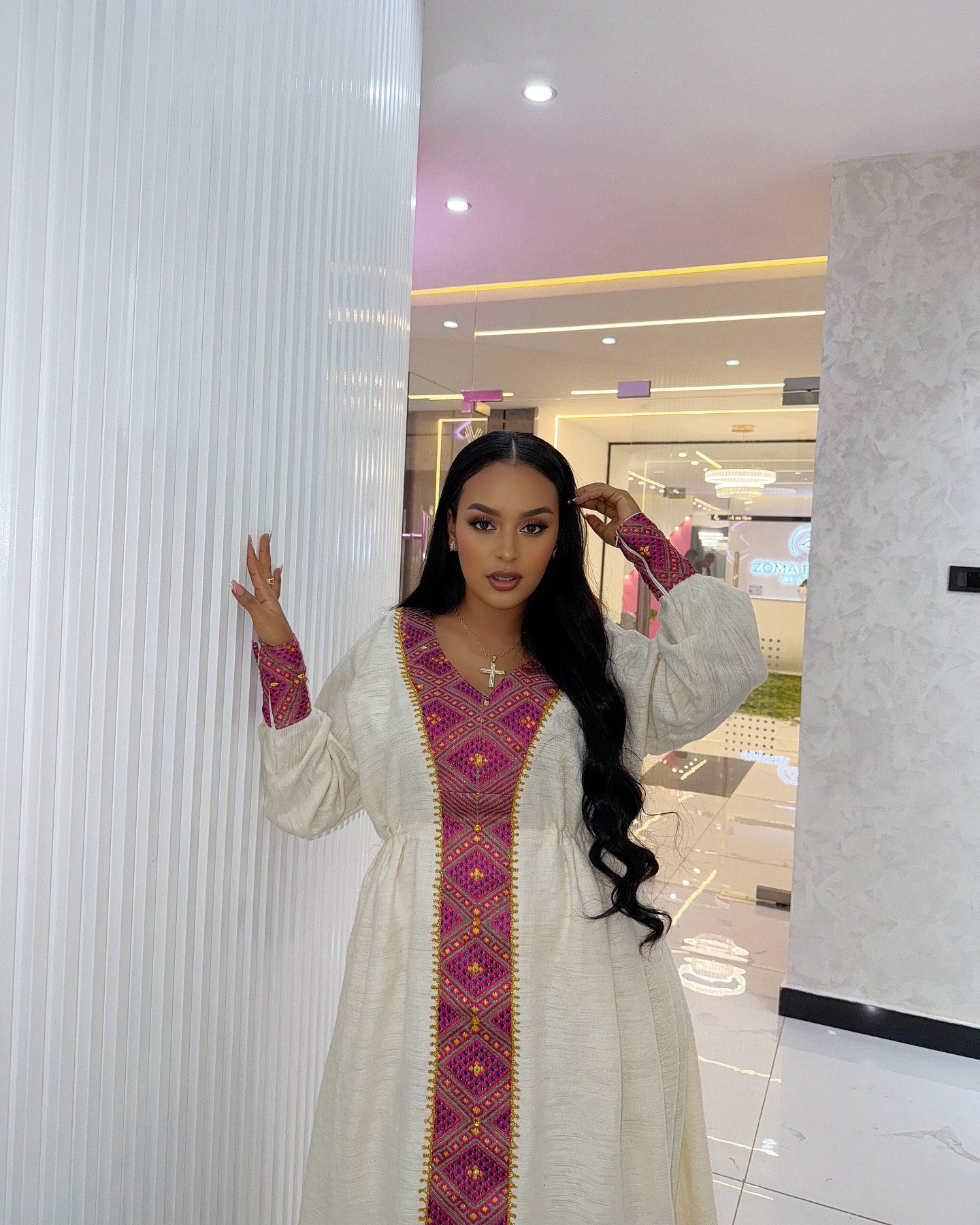 ABLAKAT PINK AND GOLD EMBROIDERY HABESHA KEMIS | CLASSIC HABESHA DRESS | ETHIOPIAN CLOTHING