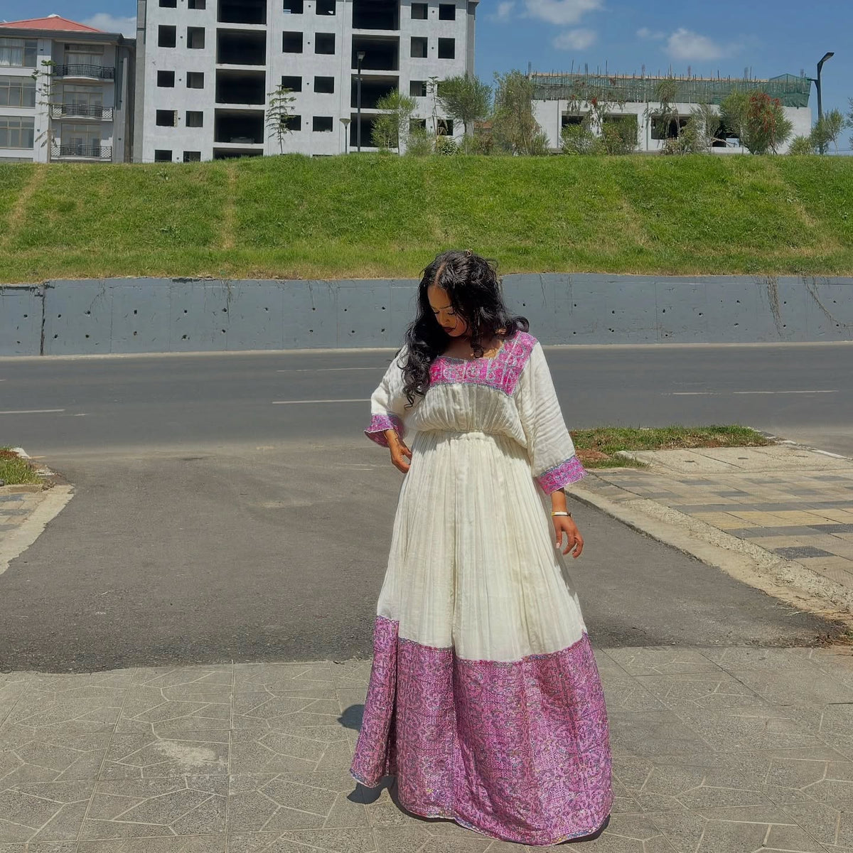 ZINASH ROYAL PURPLE ACCENTED HABESHA KEMIS | ETHIOPIAN HANDWOVEN HABESHA DRESS | ETHIOPIAN CLOTHING