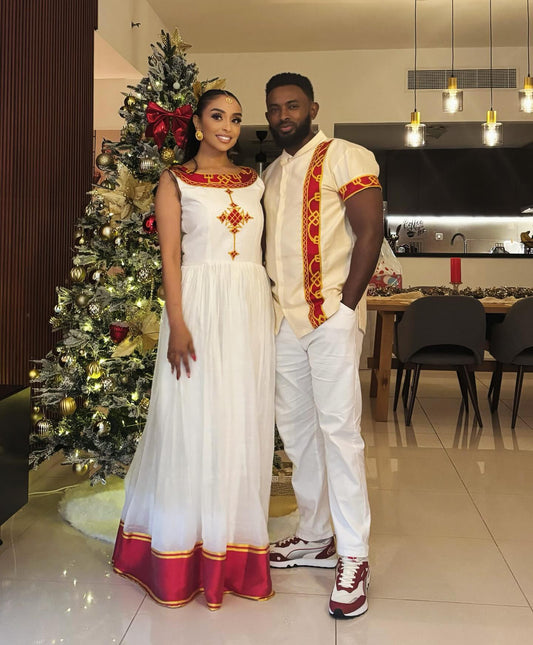 MATCHING COUPLE ETHIOPIAN OUTFIT WITH TRADITIONAL GEOMETRIC EMBROIDERY